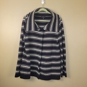 Lands' End 100% Lambswool Striped Snap Front Sweater Women's L Navy Ivory